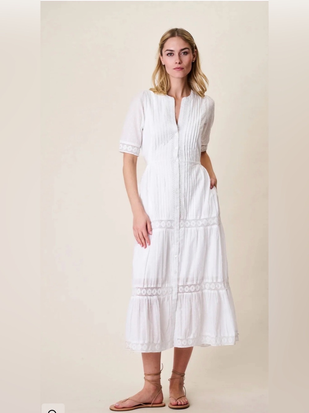 MAREA Eve Dress Button Front 100% Cotton Dobby Dress with Lace Trim - Small